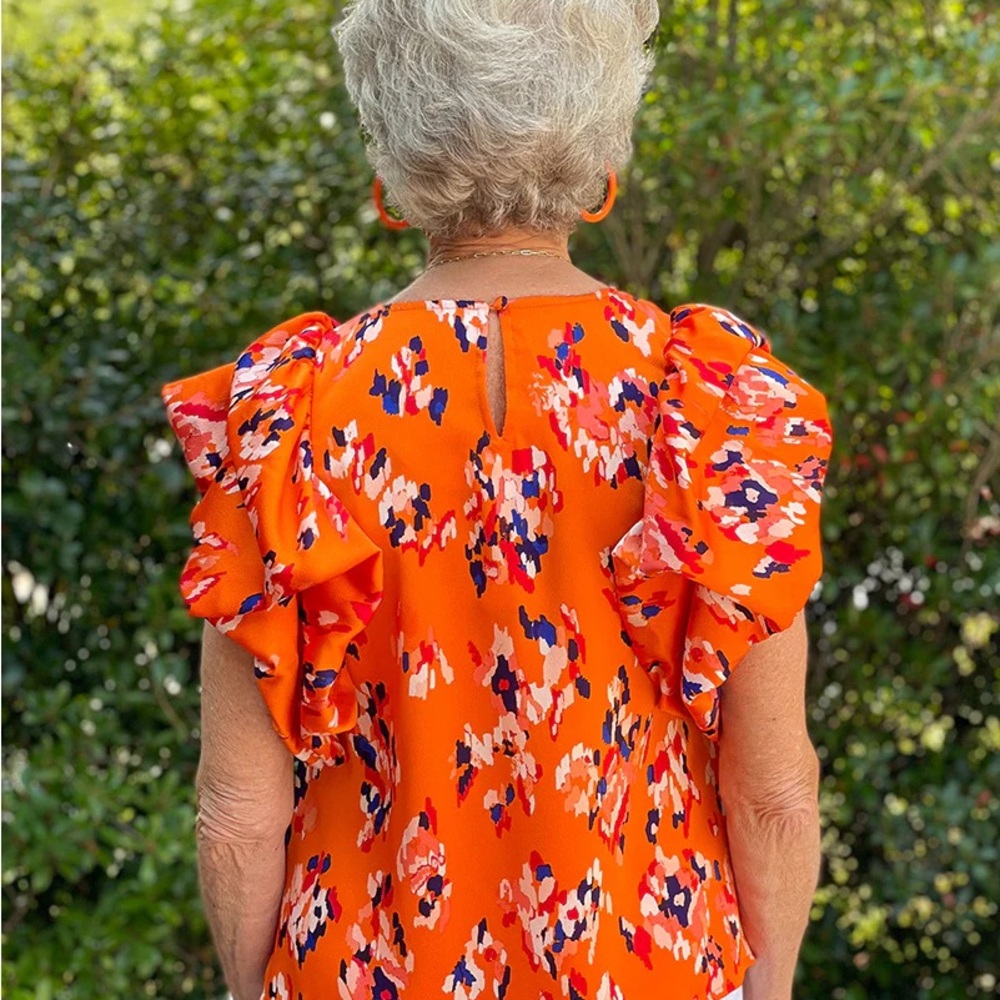 THML Orange Patterned Ruffle Sleeve Blouse - Picture 2 of 2